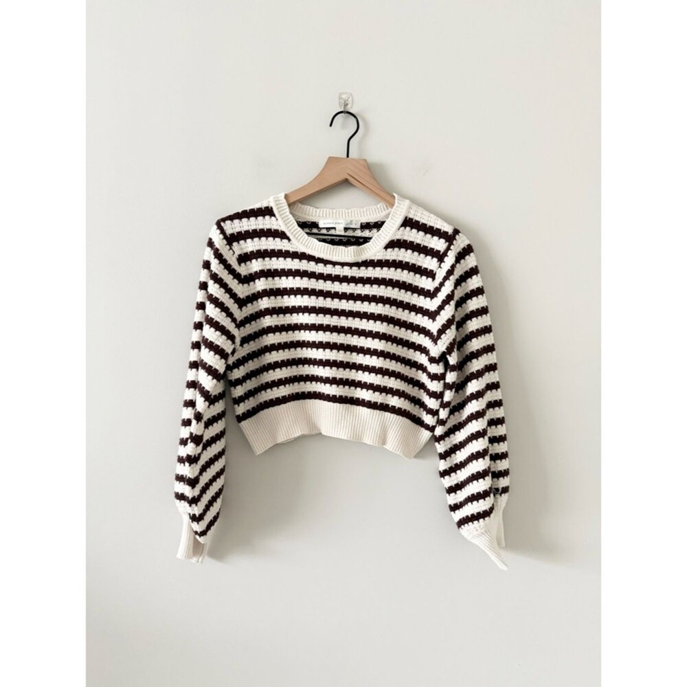 Altar'd State Striped Cropped Crew Neck Knit Sweater in Cream and Brown Size L